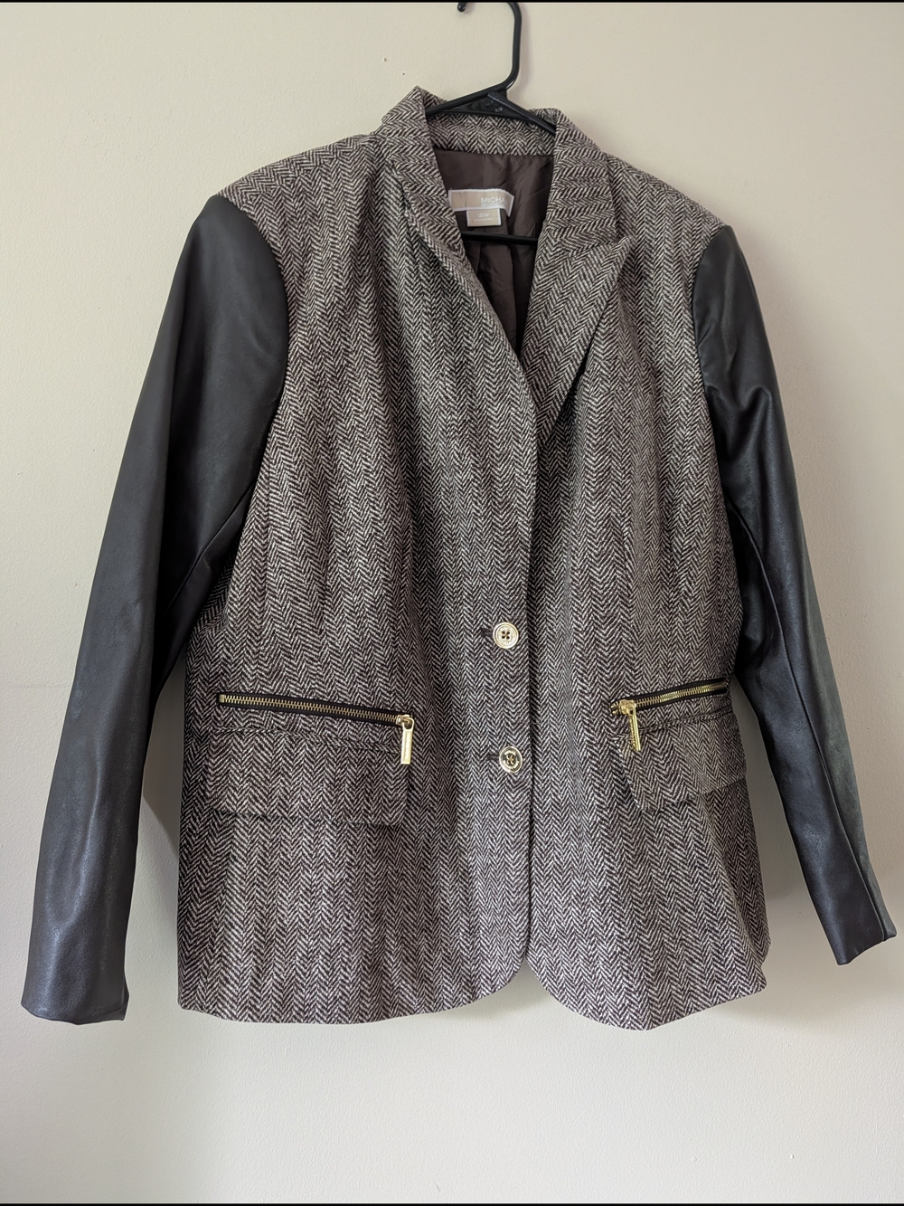 MICHAEL Michael Kors Brown Herringbone Blazer with Black Faux Leather Sleeves